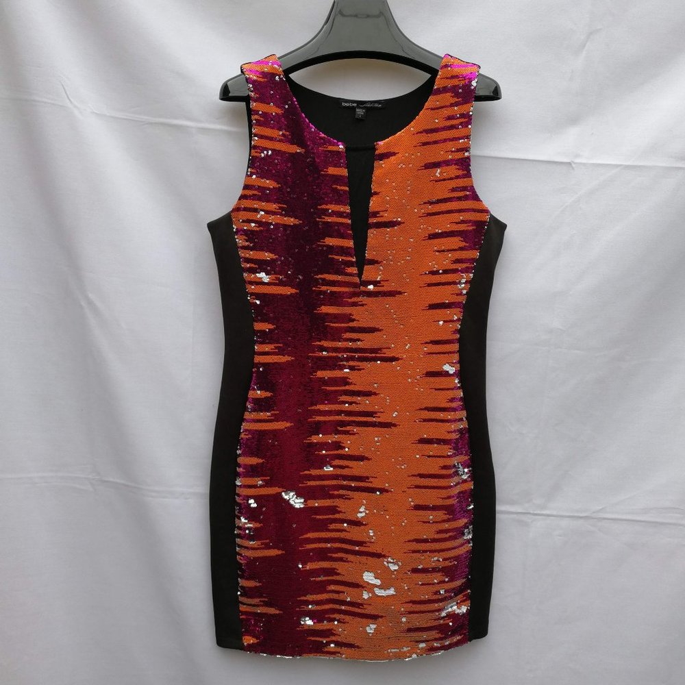 (Like New)BEBE Sequin Round Neck Sleeveless Mini Dress  Size: L/Black